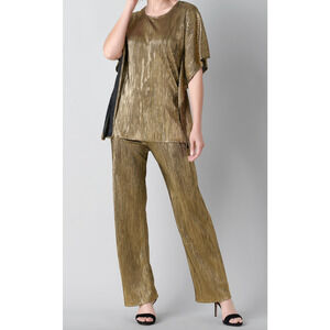 Caroline Rose Gold Plisse Pants Pull On Elastic High Waist Party Glam XS NWT